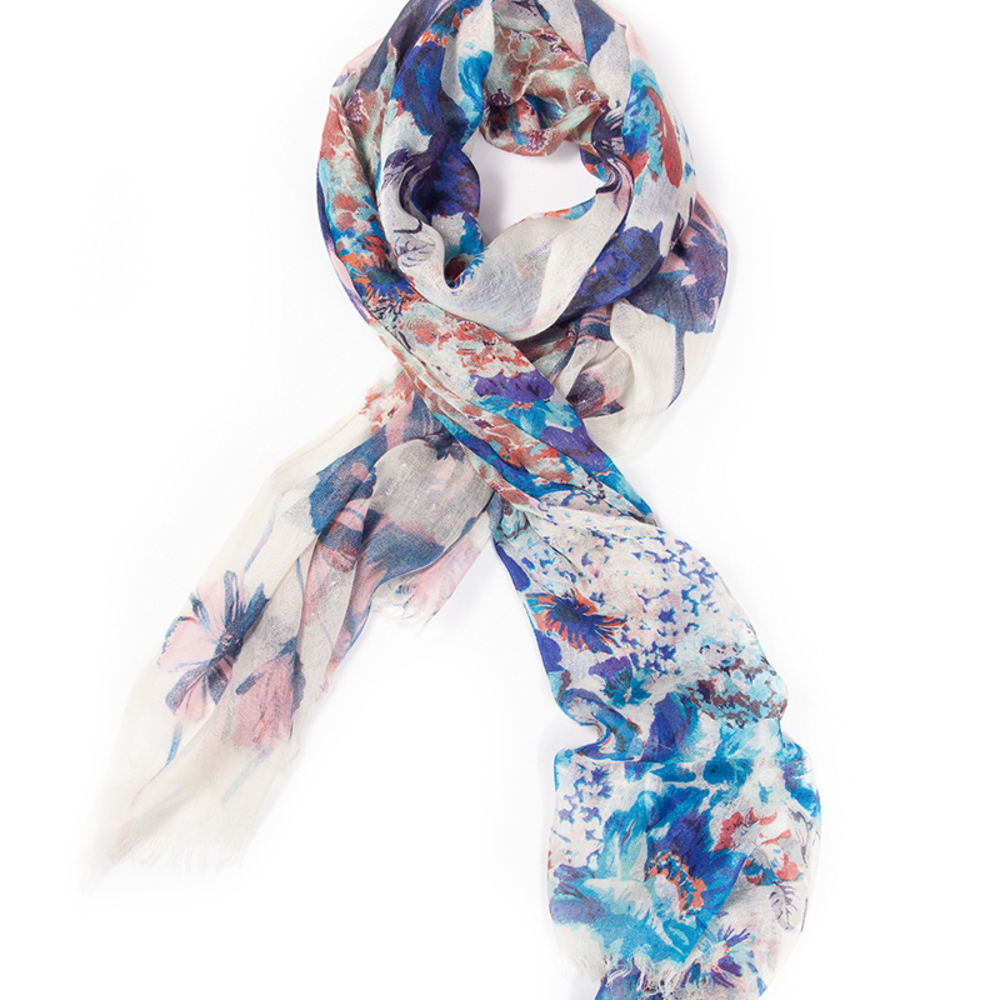 PASHMA WHITE & BLUE, FLORAL PRINT PALANKIN SCARF | WOMENS SIZE 194CM